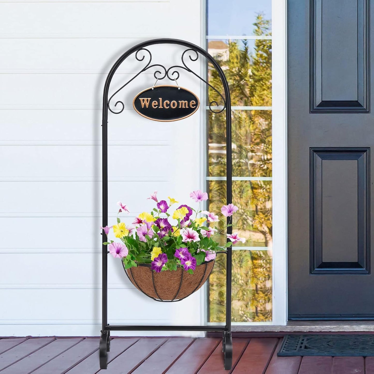Metal Welcome Planter Basket Stand with Coco Liner, 39.5” Hanging Planter Stand with Decorative Welcome Sign Outdoor Decor for Garden, Patio, Deck, Entry and Front Porch