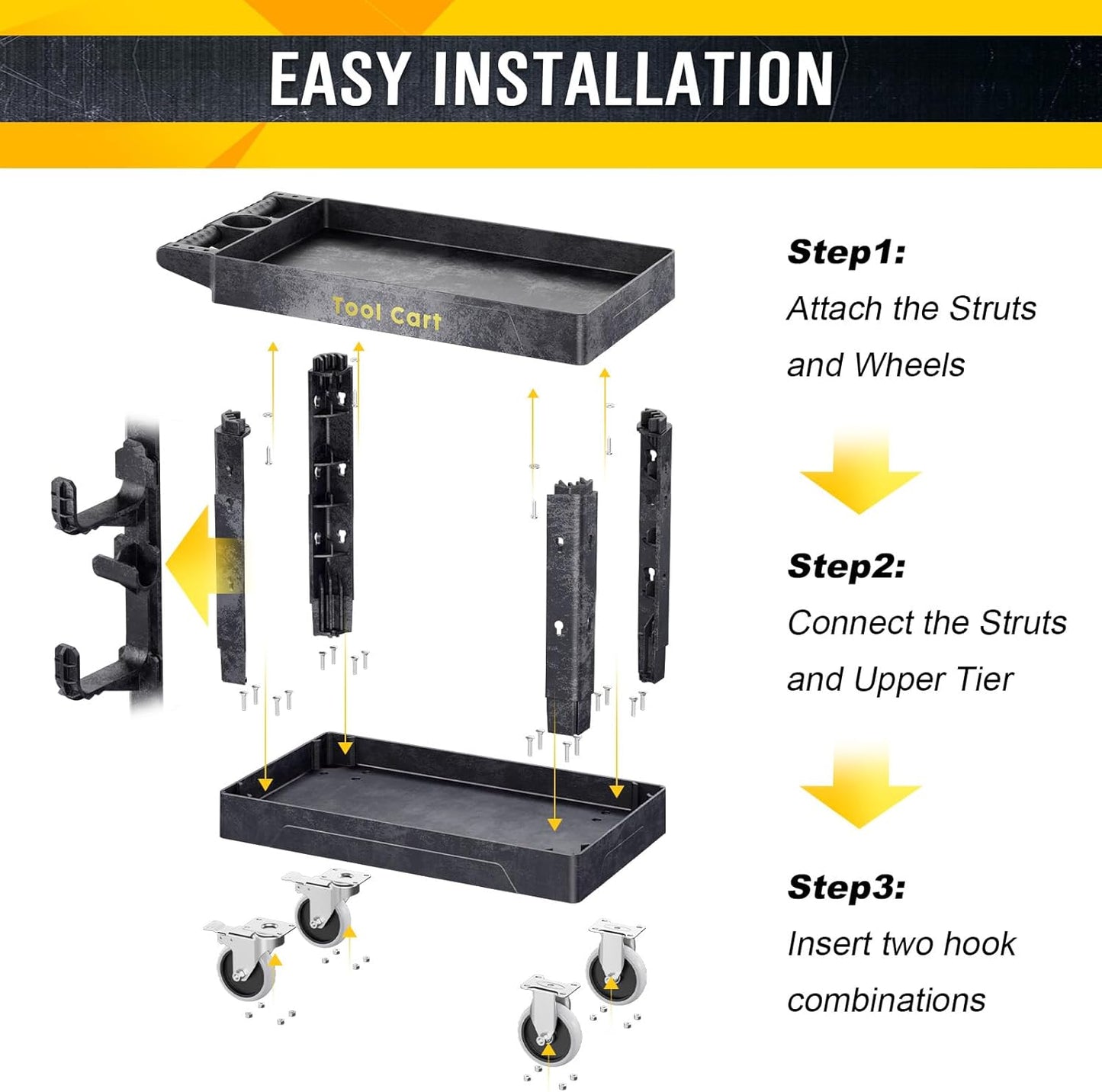 Heavy Duty Garden Tool Carts,600LBS Capacity 2 Tier Yard Tool Storage Rack with Side Hooks Garage Tool Cart with 360°Swivel Wheels Outdoor Garden Tool for Shed, Yard, Garage,Black
