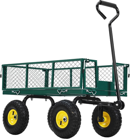 Heavy-Duty Steel Garden Cart, 900 Lb Yard Dump Metal Cart with 4-Side Removable Mesh and All Terrain 10" Tires, Flatbed Convertible Yard Wagon, Green