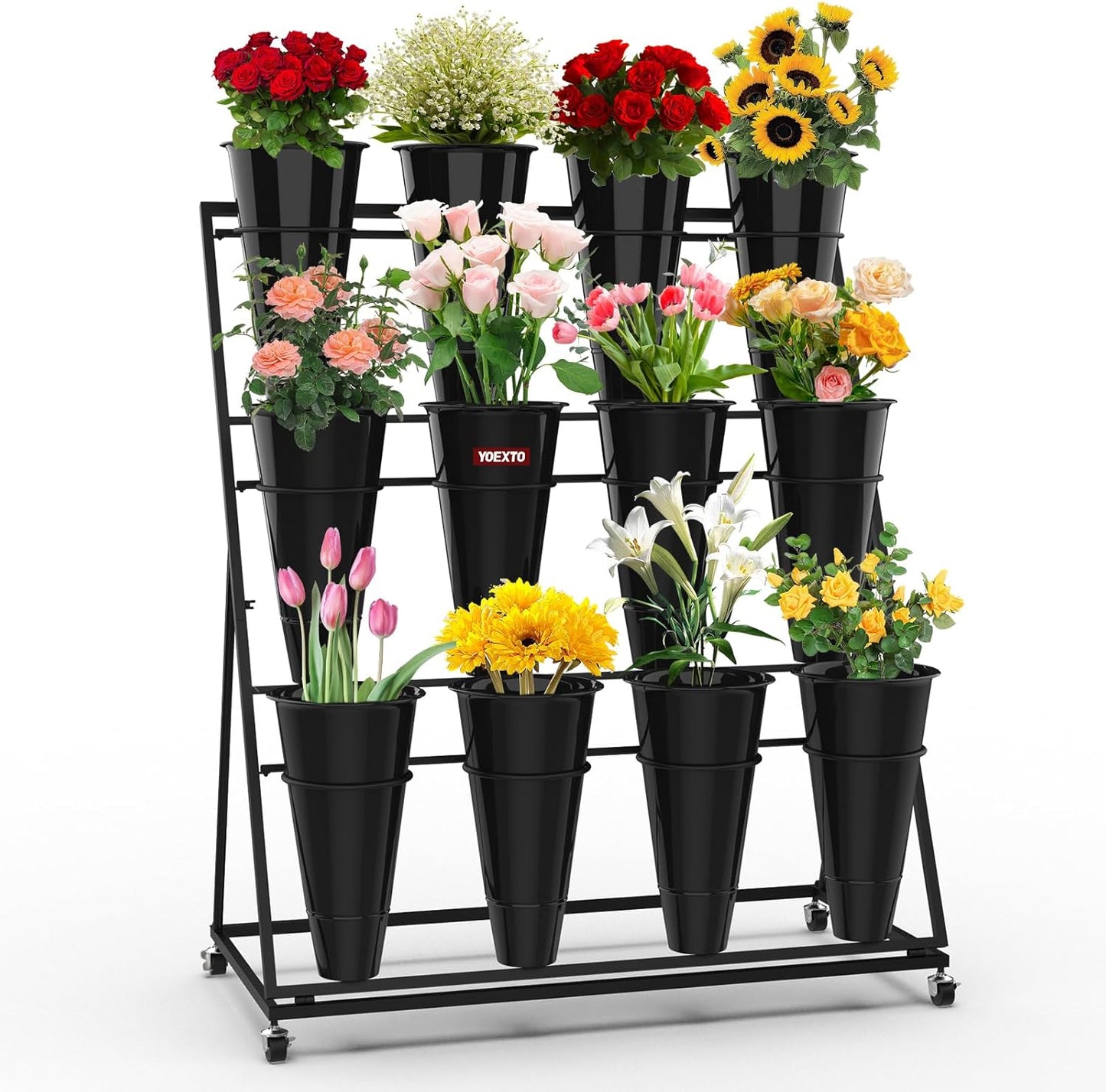 Flower Display Stand with Buckets, 3-Layers 12 PCS Buckets Plant Stand with Wheels, Movable Metal Plant Stand for Terrace Garden, Living Room, Florist Shop