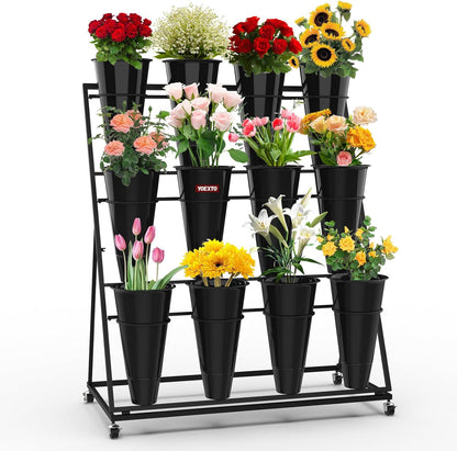 Flower Display Stand with Buckets, 3-Layers 12 PCS Buckets Plant Stand with Wheels, Movable Metal Plant Stand for Terrace Garden, Living Room, Florist Shop