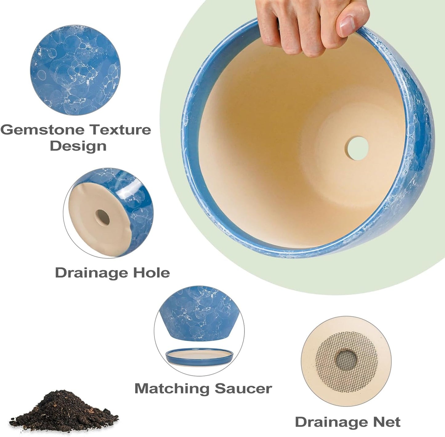 Ceramic Pots for Plants - 6 Inch Planter with Drainage Hole and Plant Tray, Decorative Succulent Pot, Round Flower Planter for Indoor, Garden Living Room Decor, Gifts for Plant Lovers, Blue