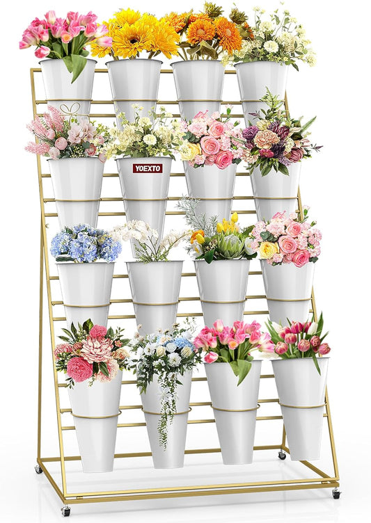 Flower Display Stand with Buckets, 4 Layers 16 PCS Buckets Plant Stand with Wheels, Movable Metal Plant Stand for Terrace Garden, Living Room, Florist Shop (Gold Frame - White Buckets, 4-Tier- 16 Buckets)