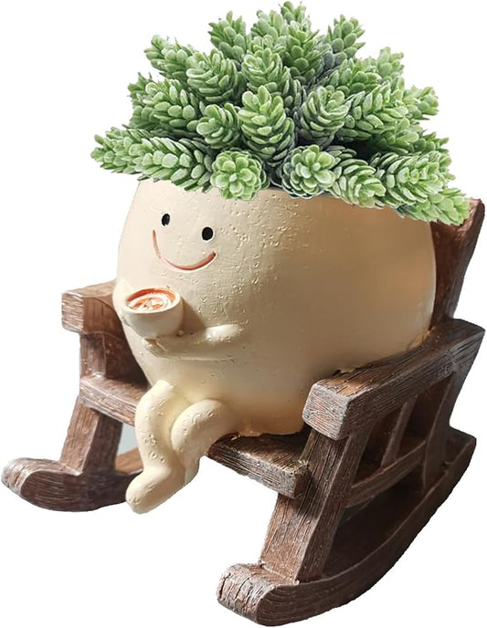 Smiley Flower Pot, Sitting Rocking Chair Relax, for Succulent Plant Pot, Suitable for Indoor and Outdoor, Gifts for Friends and Christmas, with Drainage Holes Beige Small