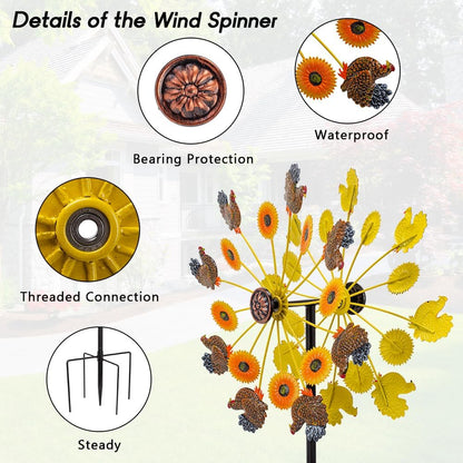 DREAMYSOUL Sunflower and Rooster Fall Wind Spinners, Outdoor Fall Decorations, Metal Kinetic Wind Spinners Chicken Farmhouse Garden Lawn Yard Decor, Fall Harvest Thanksgiving Gifts