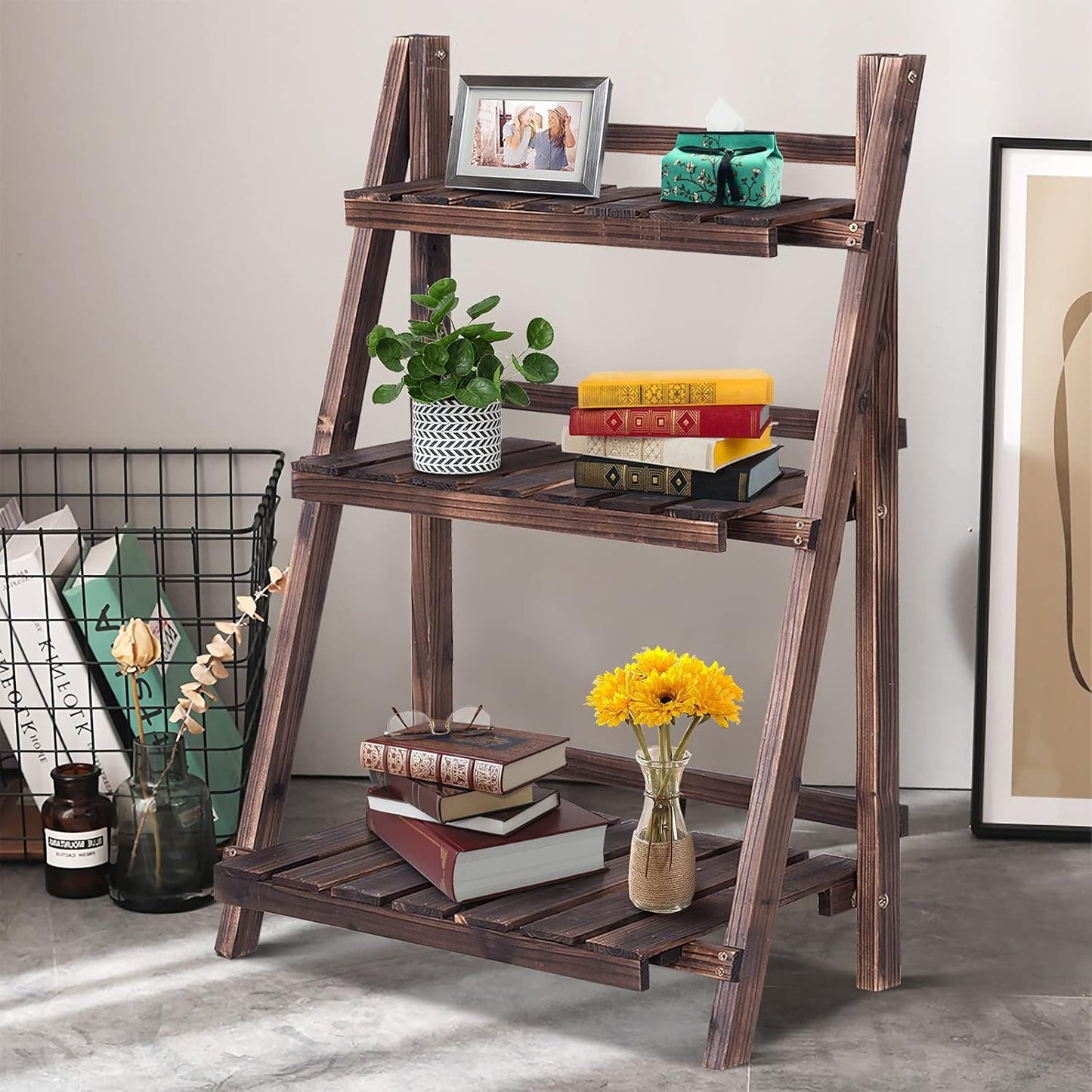 Giantex 3 Tier Folding Wooden Plant Stand, Indoor Flower Pot Holder Display Rack, Free Installation Corner Plants Storage Shelf, Foldable Rustic Wood Ladder Shelf for Home Patio Balcony Garden