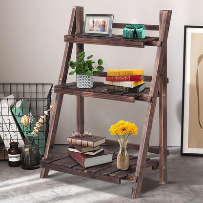 Giantex 3 Tier Folding Wooden Plant Stand, Indoor Flower Pot Holder Display Rack, Free Installation Corner Plants Storage Shelf, Foldable Rustic Wood Ladder Shelf for Home Patio Balcony Garden