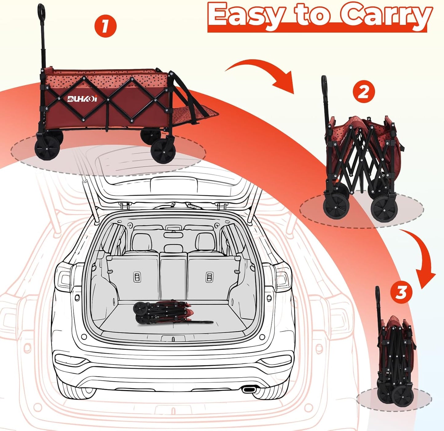 Collapsible Tailgate Wagon with Wheels, Compact Size Folding Utility Cart, 380LBS Capacity for Garden, Grocery, Beach, Camping – Portable Heavy Duty Cart(Brick Dot)
