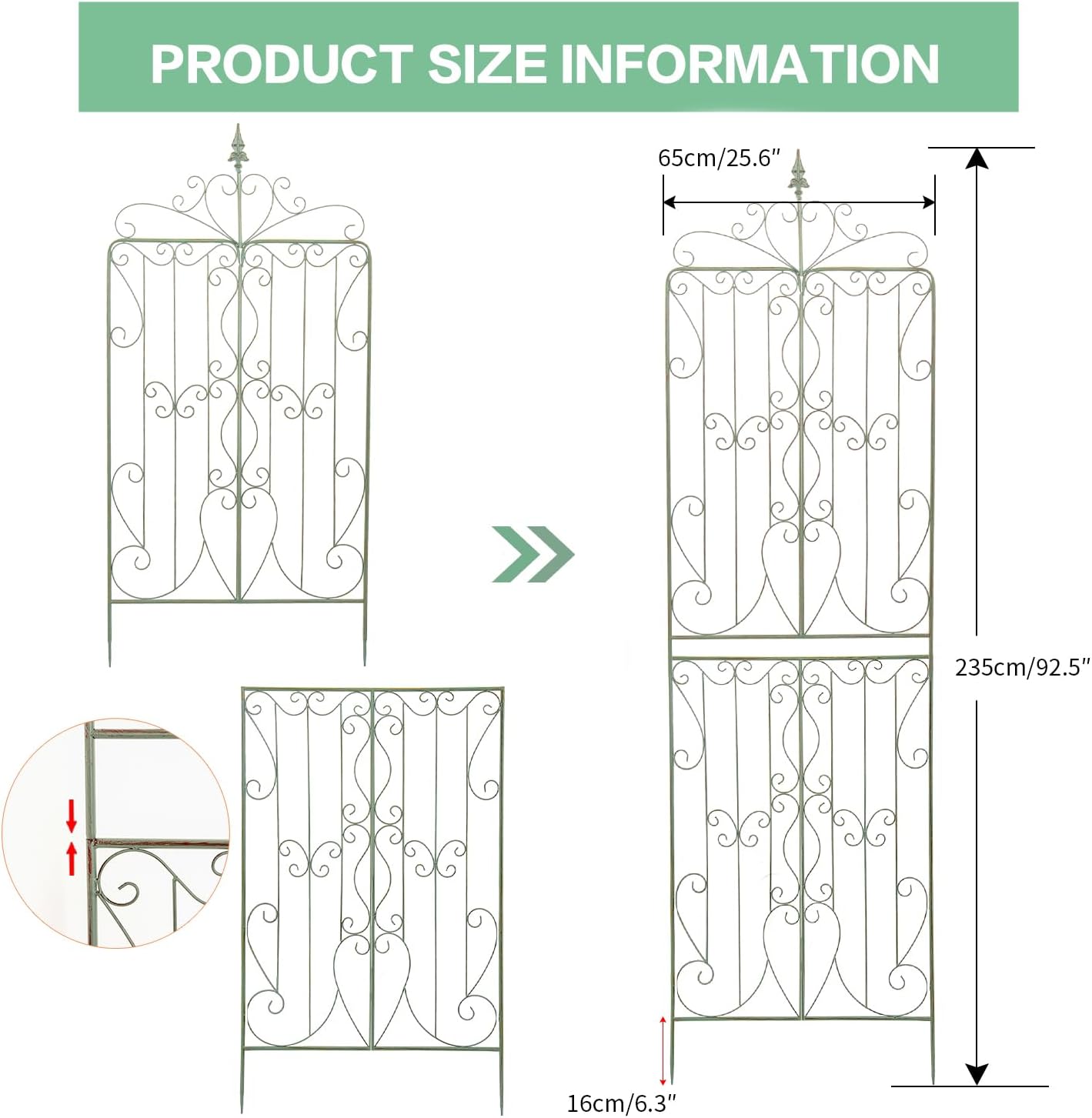 Sungmor 2 Pack Large Garden Trellis for Climbing Plants, 92.5 Inch Tall Rustic Green Garden Metal Trellis, Decorative Trellis for Outdoor Rose Vines Cucumbers Support, Greenhouse, Flowerbed, Backyard