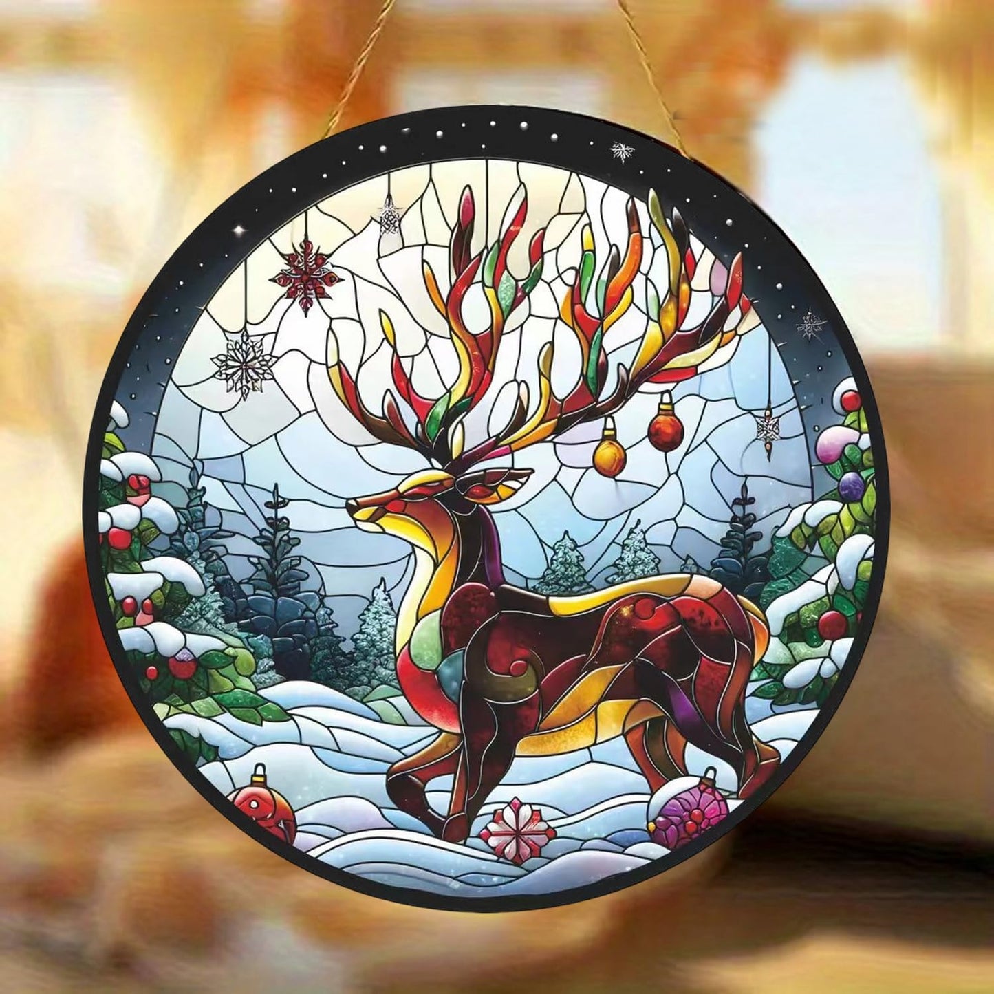 7.87inch Christmas Sun Catcher for Window Hanging with Elk Designs Round Acrylic Hanging Suncatcher for Garden Decor ，Wall Home, Kitchen, Housewarming Women Neighbor Winter Xmas Decor Gifts