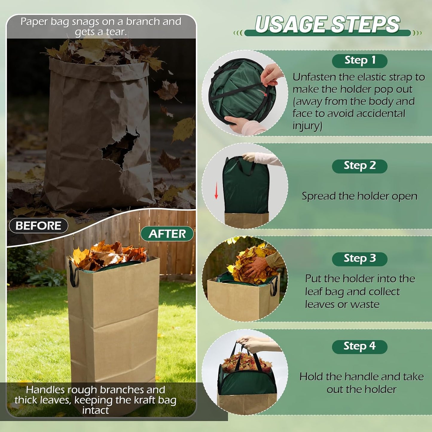 2Pack Reusable Pop-Up Yard Waste Bag Holder, Designed for 30 Gallon Paper Lawn Bags, Multi-Use Dustpan Function and Compact Foldable Design for Effortless Leaf Collection