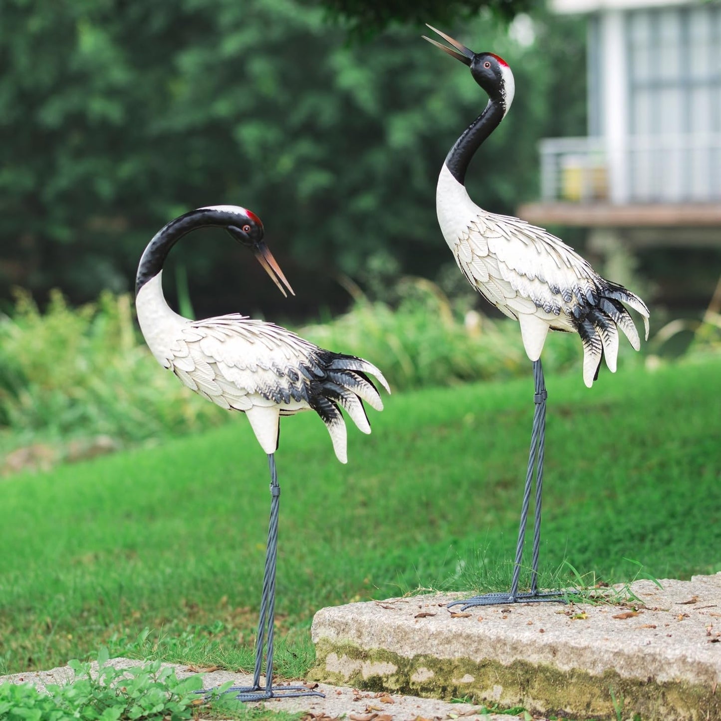 chisheen Garden Crane Statues Outdoor Heron Red Crowned Crane Metal Yard Art Sculpture,Set of 2