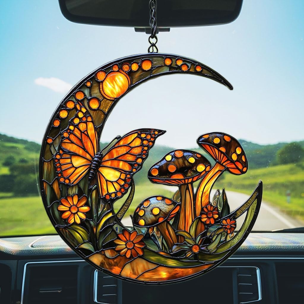Cresent Forest Butterfly Acrylic Suncatcher Stained Glass Effect Window Car Hanging Christmas Ornament Indoor Outdoor Decor Garden Sun Catcher Panel for Boho Lover for Women Mom Grandma