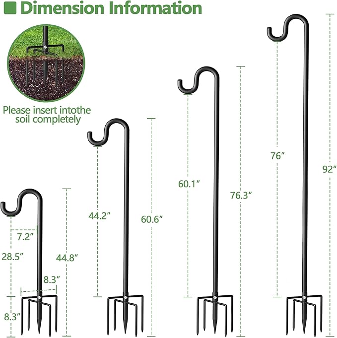 92" Shepherds Hooks for Outdoor, Extra Thick Bird Feeder Pole with 5 Prong Base, Adjustable Shepards Hook for Garden, Weddings, Hanging Plant，2 Pack