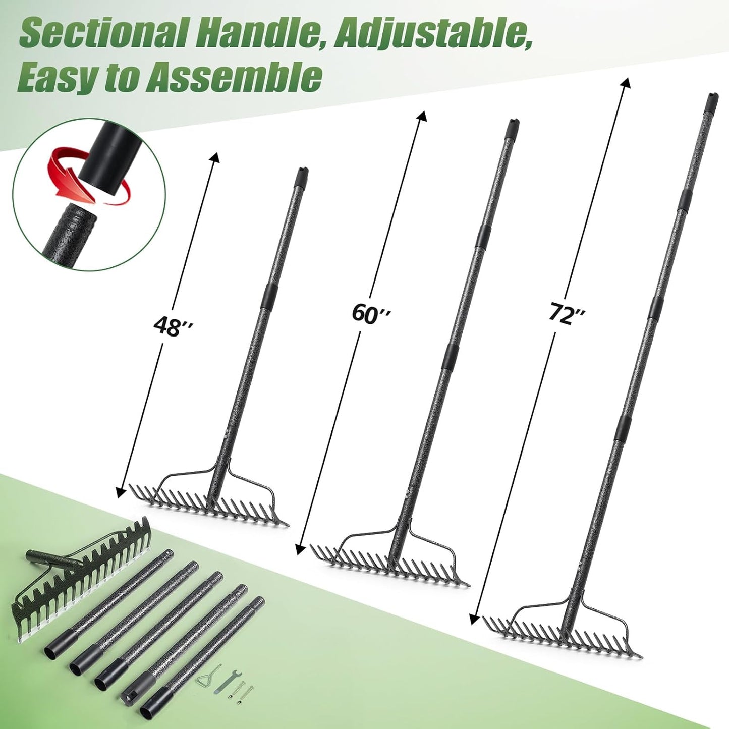 Garden Rake, 6FT Bow Rake Heavy Duty Leveling Rake with Adjustable Handle, 17 Tines Wide Head Metal Thatch Rake for Gardening Leaves Lawn Yard Mulch Rake