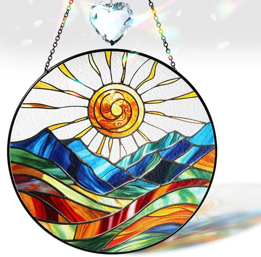 Sun Mountains Stained Glass, Suncatcher for Window Hanging, Suncatcher Art Decor for Home Garden
