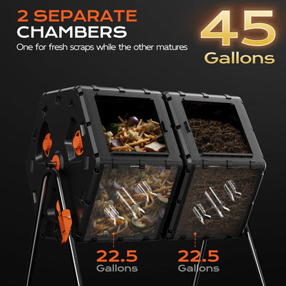 Compost Bin Outdoor 45 Gallon/170L, Fast Assemble Compost Tumbler, 360°Rotating Dual Chamber Large Composter for Outside, Garden, Backyard, and Yard