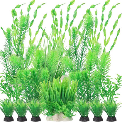 BEGONDIS 18pc Artificial Aquarium Green Plants Set, Realistic/Natural Style, Artificial Plastic Aquarium Plants for Aquarium Decorations