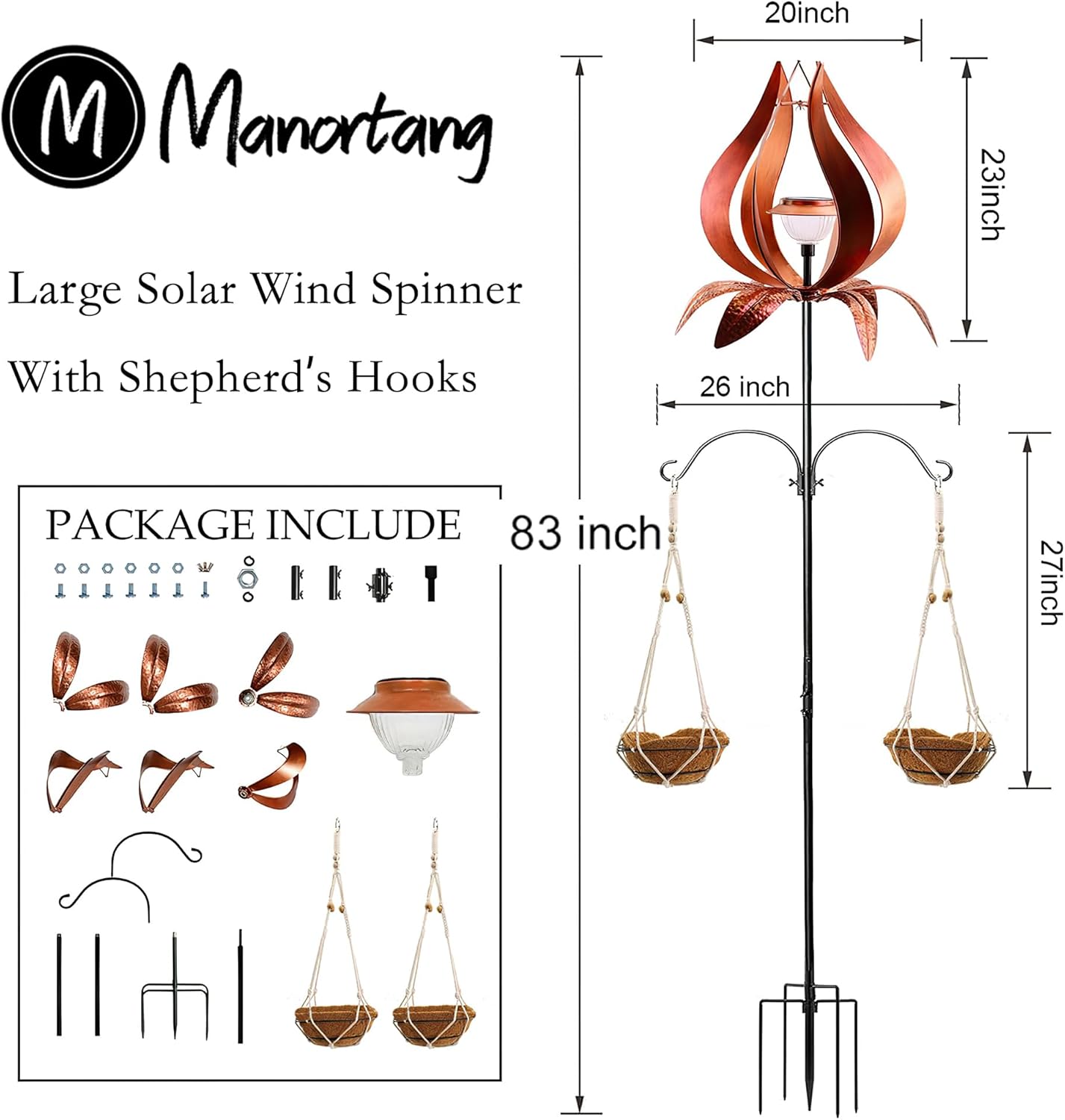Solar Wind Spinner Outdoor Metal 83 Inch Windmill for Yard Garden Patio Decor Metal Yard Art Garden Art Easter Outdoor Decors Large Landscape Light with Shepherd Hooks Coconut Baskets