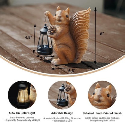 Solar Squirrel Garden Statue Outdoor Decor, Squirrel Sculpture with Lantern for Yard Lawn Patio Balcony, Christmas Birthday Housewarming Gifts for Mom, Grandma, Women, Brown,Resin
