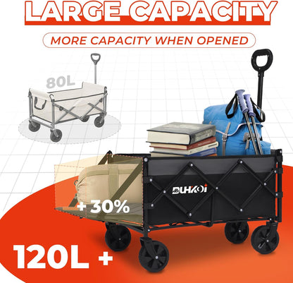 Collapsible Tailgate Wagon with Wheels, Compact Size Folding Utility Cart, 380LBS Capacity for Garden, Grocery, Beach, Camping – Portable Heavy Duty Cart(Black Gray)