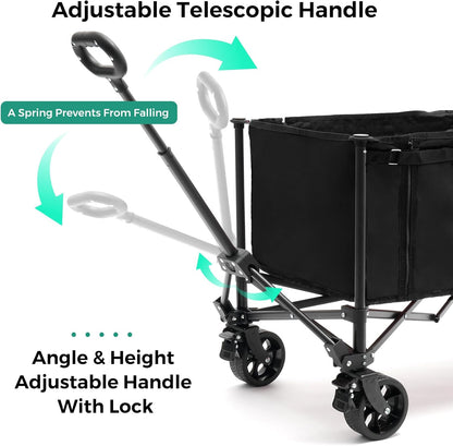 SUNNYFEEL Wagon Cart Foldable, Standard Borderless Version Collapsible Wagon with 220 LBS Max Load, Up to 120L Foldable Grocery Cart with Side Opened for Outdoor, Garden & Camping,Black