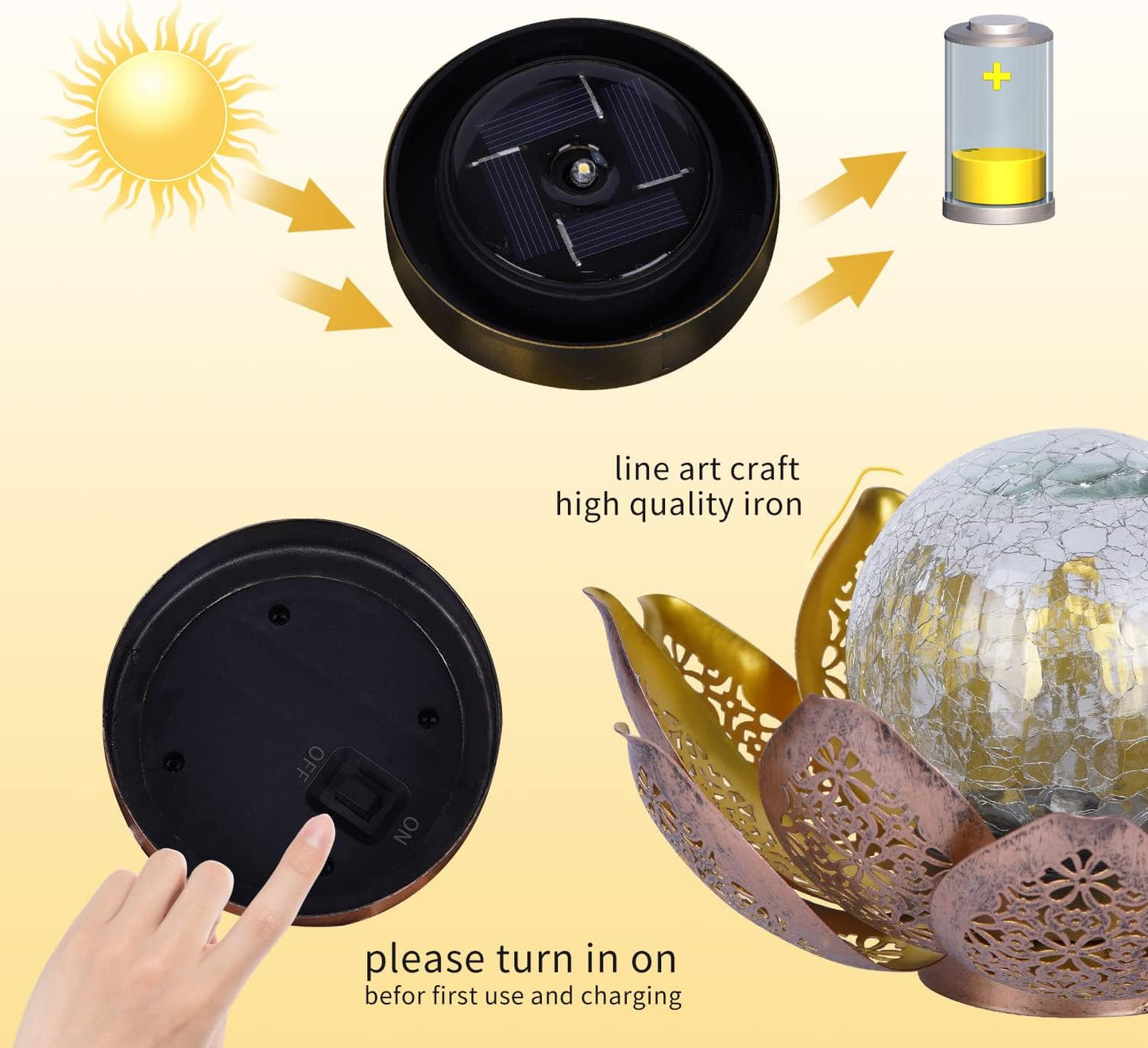 DUSVALLY Lotus Solar Globe LED Light Garden Decoration, Outdoor IP65-Waterproof Crack Glass Solar Flower Lamp Hollow Out Retro Golden Metal Light for Patio, Lawn & Pathway Landscape, 12" W * 6" H