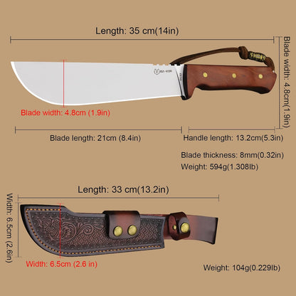 BA-KOR USA 8mmDC53 steel 35CM (14 ") full Tang fixed knife with leather sheath and (5.9 ") ceria ignition head, suitable for outdoor hunting, camping, clearing, adventure, fishing, EDC, BBQ (BA-K0a(8mm))