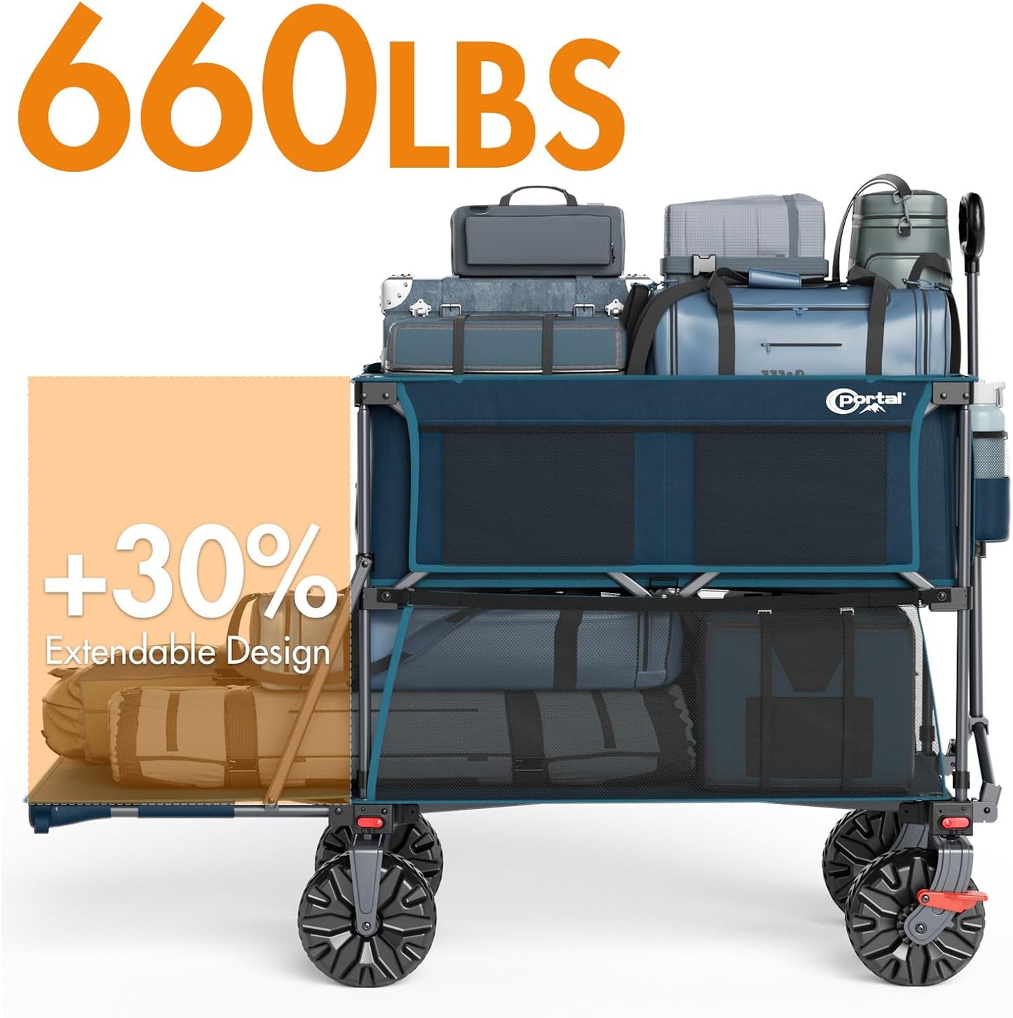 Portal Collapsible Large Double Decker Wagon with Brakes, 660lb Foldable Heavy Duty Utility Wagon Cart, 400L All-Terrain Big Wheels & 54" Extra Long Extender for Sports, Camping & Outdoor Use