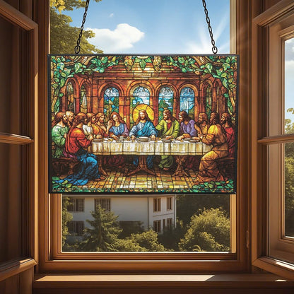 Customized Rectangle Art Nouveau Last Supper Stained Glass Suncatcher Stained Glass Window Hanging Home Decor Garden Halloween Christmas Party Wedding Housewarming Gifts