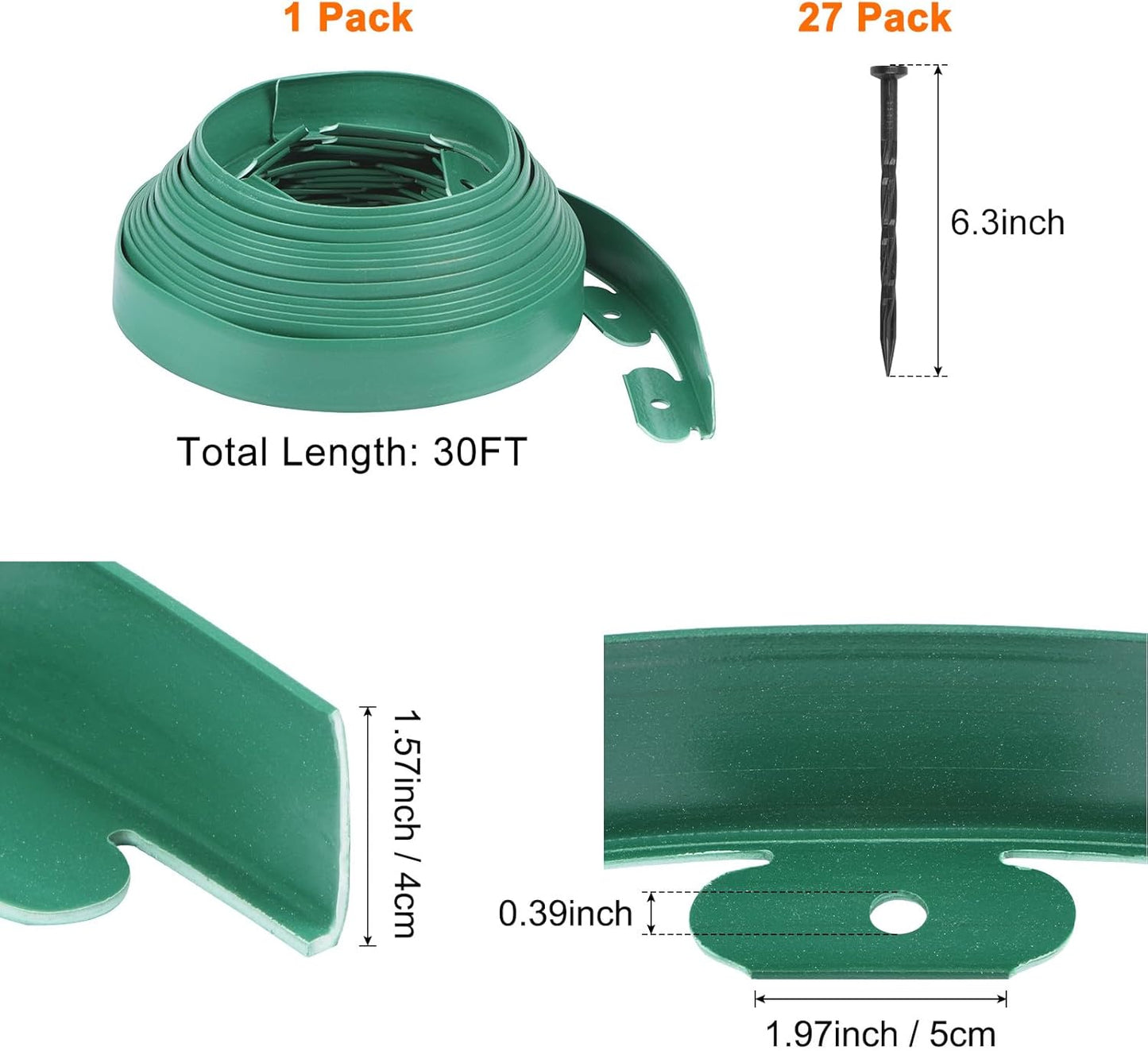 Garden Edging - 30 Feet Plastic Landscaping Edging Border with 27 Pack Spikes Apply to Flower Beds/Grass Lawn/Yard (1.57Inches Tall, Green)