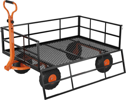 Versatile Garden Cart for Lawn and Yard with Heavy Duty Steel, 1200 Lbs Capacity Mesh Steel Garden Cart Folding Utility Wagon with Removable Side Panels, Long Handle, 10" Tires - Black and Orange