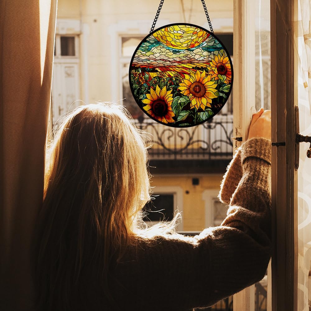 Sunflower Stained Glass Window Hanging, Flower Sun Catcher Panel Decoration, Yellow Floral Hanging Ornament, Sunflower Glass Ornament Birthday Party Decorations, Flower Ornament Gifts for Housewarming