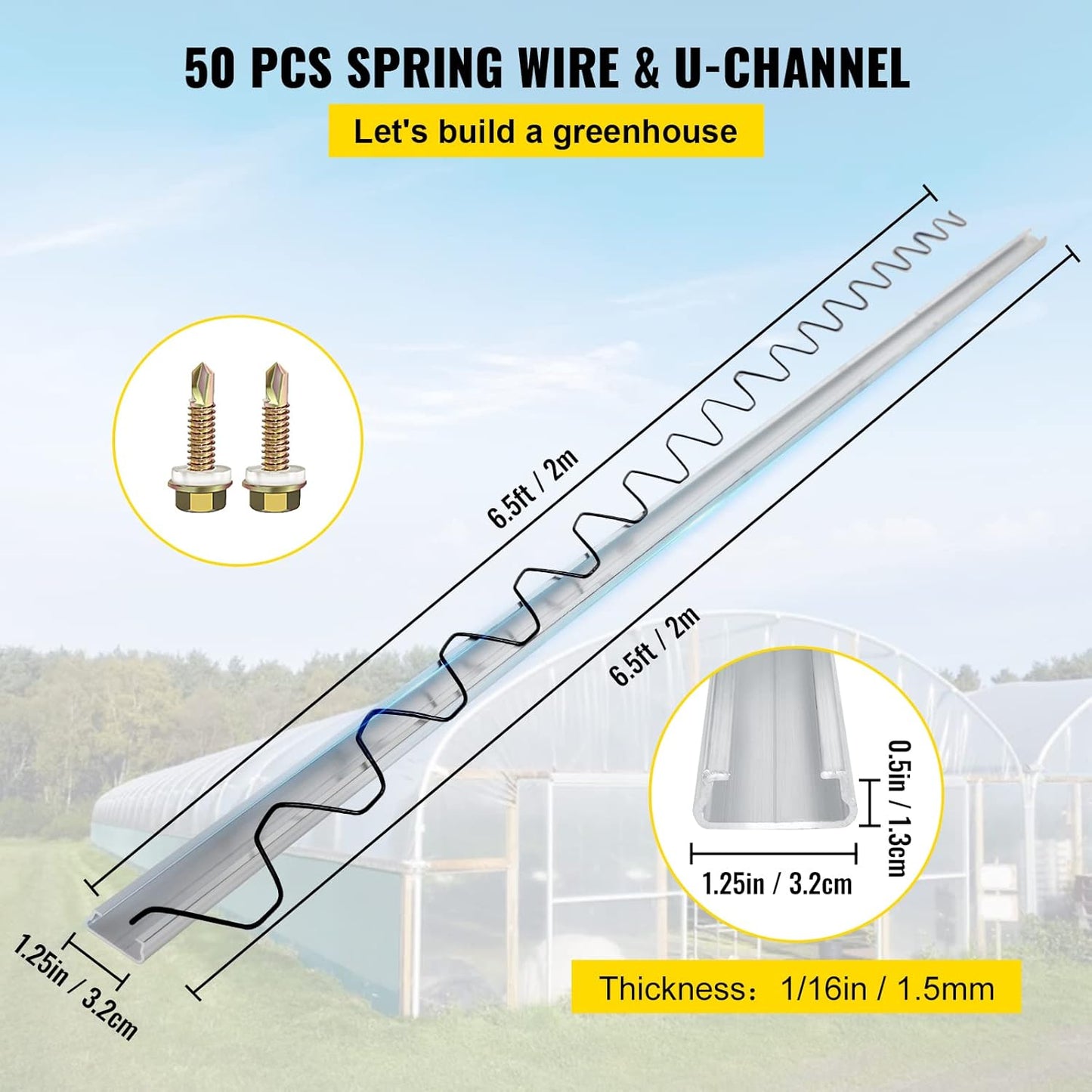 VEVOR Greenhouse Spring Wire and Lock Channel 50 Packs, 6.56 ft PE Coated Aluminum Alloy Bundle Kit, Plastic Poly Film or Shade Cloth Attachment w/Screws, Silver