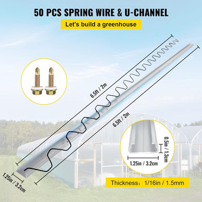 VEVOR Greenhouse Spring Wire and Lock Channel 50 Packs, 6.56 ft PE Coated Aluminum Alloy Bundle Kit, Plastic Poly Film or Shade Cloth Attachment w/Screws, Silver