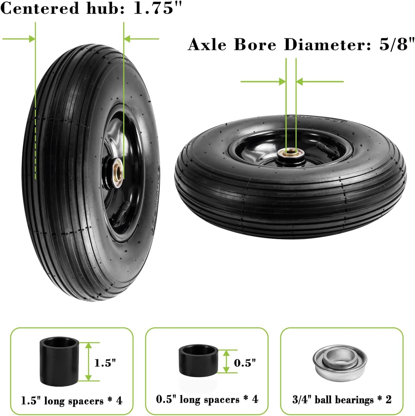 Parts Camp 13" Wheelbarrow Tires and Wheels 4.00-6 Pneumatic Tires with 5/8"&3/4" Bore Hole and 1.75" Centered Hub Wheelbarrow Tire Fit Wheelbarrows/Wagons/Dolly/Trolley/Hand truck(2 Pack)