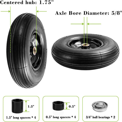 Parts Camp 13" Wheelbarrow Tires and Wheels 4.00-6 Pneumatic Tires with 5/8"&3/4" Bore Hole and 1.75" Centered Hub Wheelbarrow Tire Fit Wheelbarrows/Wagons/Dolly/Trolley/Hand truck(2 Pack)