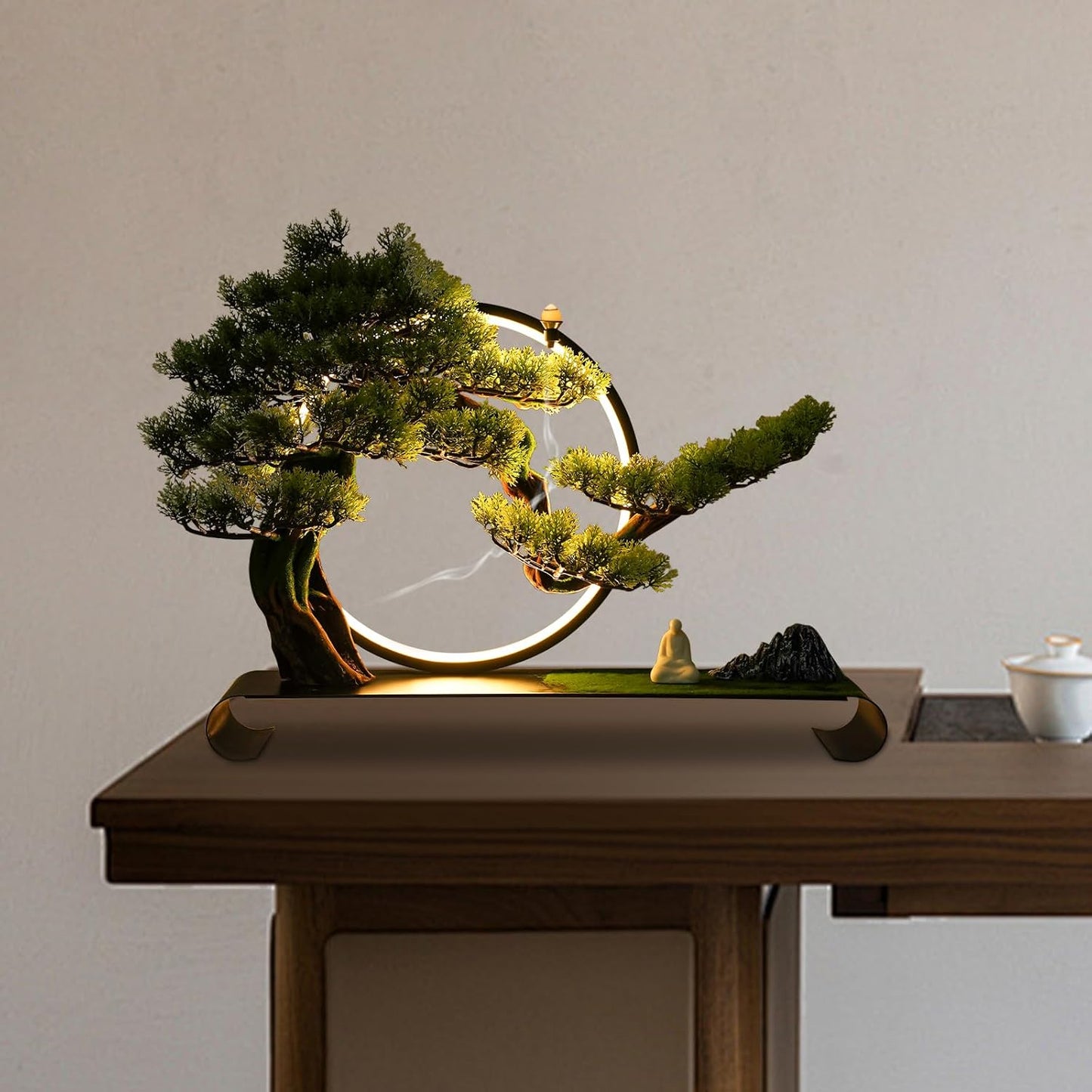 Artificial Bonsai Pine Tree Faux Realistic Simulation Bonsai with LED Lamp Ring Fake Plants Desk Table Decor for Home Office Indoor