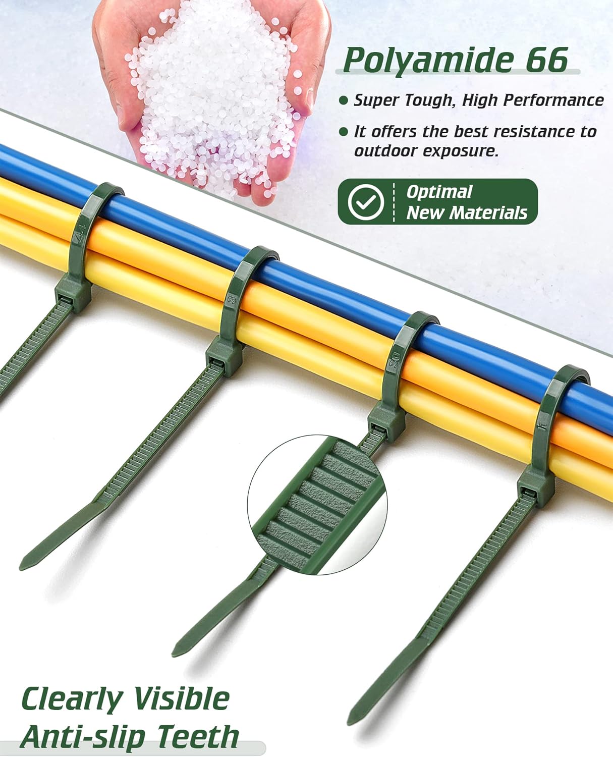 8 Inch PA66 Green Zip Ties, 100 Pcs 3.6mm Heavy Duty Plastic Wire Ties with 45 Lbs, Premium Self-locking Nylon Cable Ties Decoration Tie Wraps for Christmas Tree Gardening Fence Plants Grid Wall