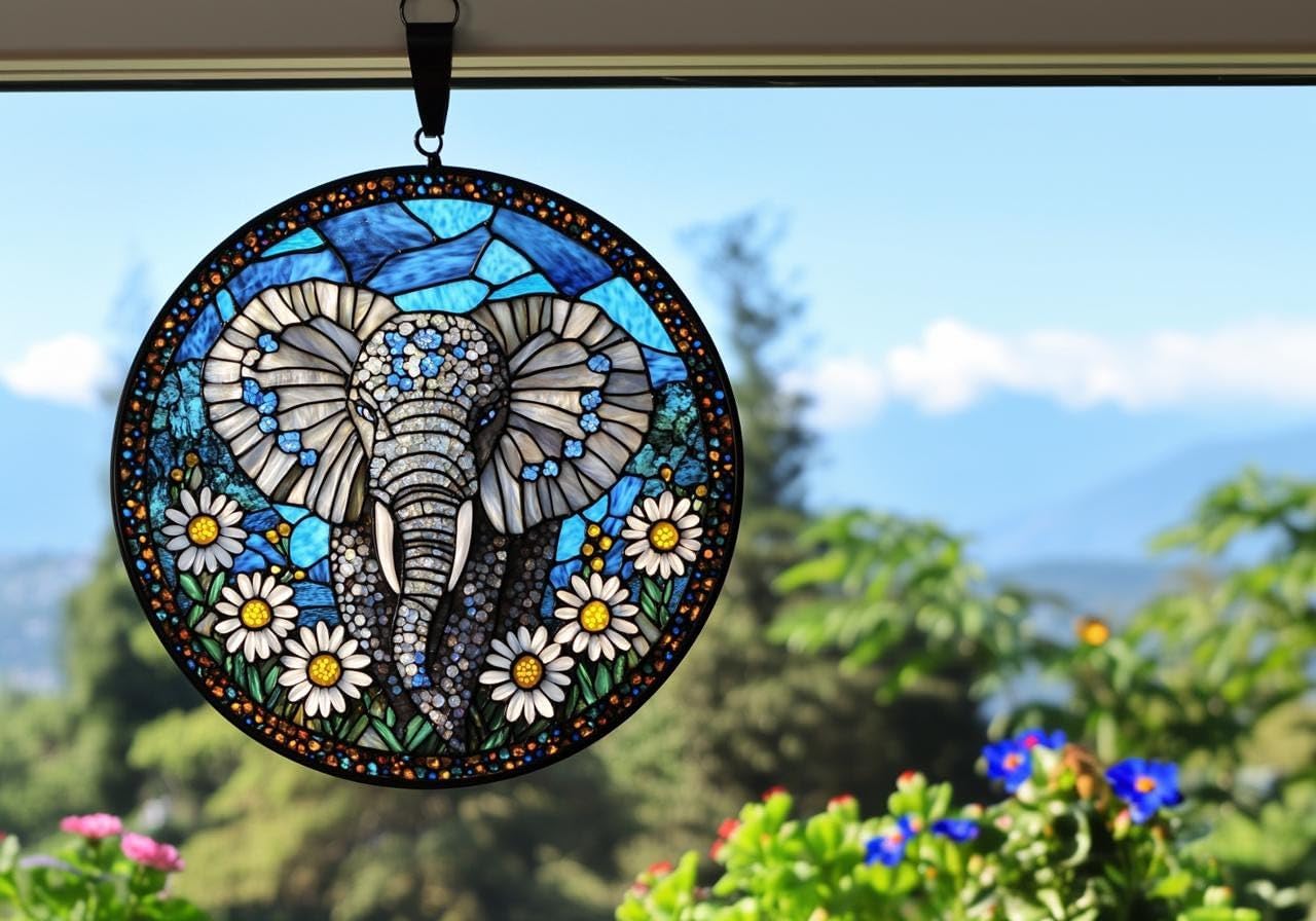 Floral Elephant Acrylic Suncatcher Window Hanging Faux Stained Glass Decor Nature Lover Gift Moms Gift