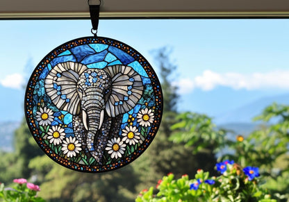 Floral Elephant Acrylic Suncatcher Window Hanging Faux Stained Glass Decor Nature Lover Gift Moms Gift