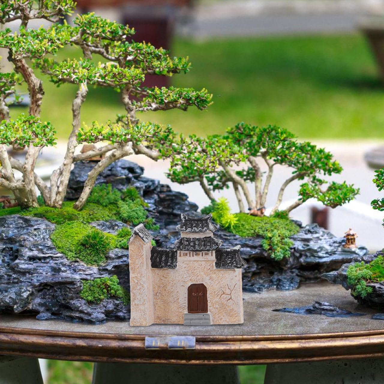 DECHOUS 10Pcs Miniature Village House: Resin Miniature Fairy Garden Houses with Chinese Stone Lion Statue - Micro Landscape Cottage Ornaments Kit for DIY Garden Bonsai Terrarium