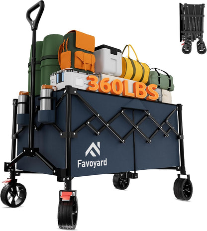 Favoyard Extra Large Collapsible Wagon Carts Foldable 360LBS Heavy Duty Beach Wagons with Big Wheels & Brakes Portable Folding Cart for Shopping Grocery Utility Sports Garden Camping Outdoor, Blue
