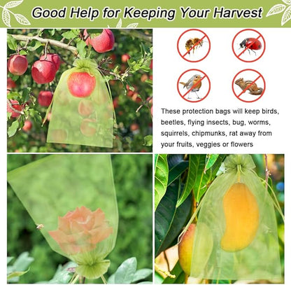 100pcs Fruit Protection Bags 8x12 inch, Green Netting Cover Bags Drawstring Mesh Fruit Protectors Pest Barrier for Grapes Mango Trees Veggies Garden
