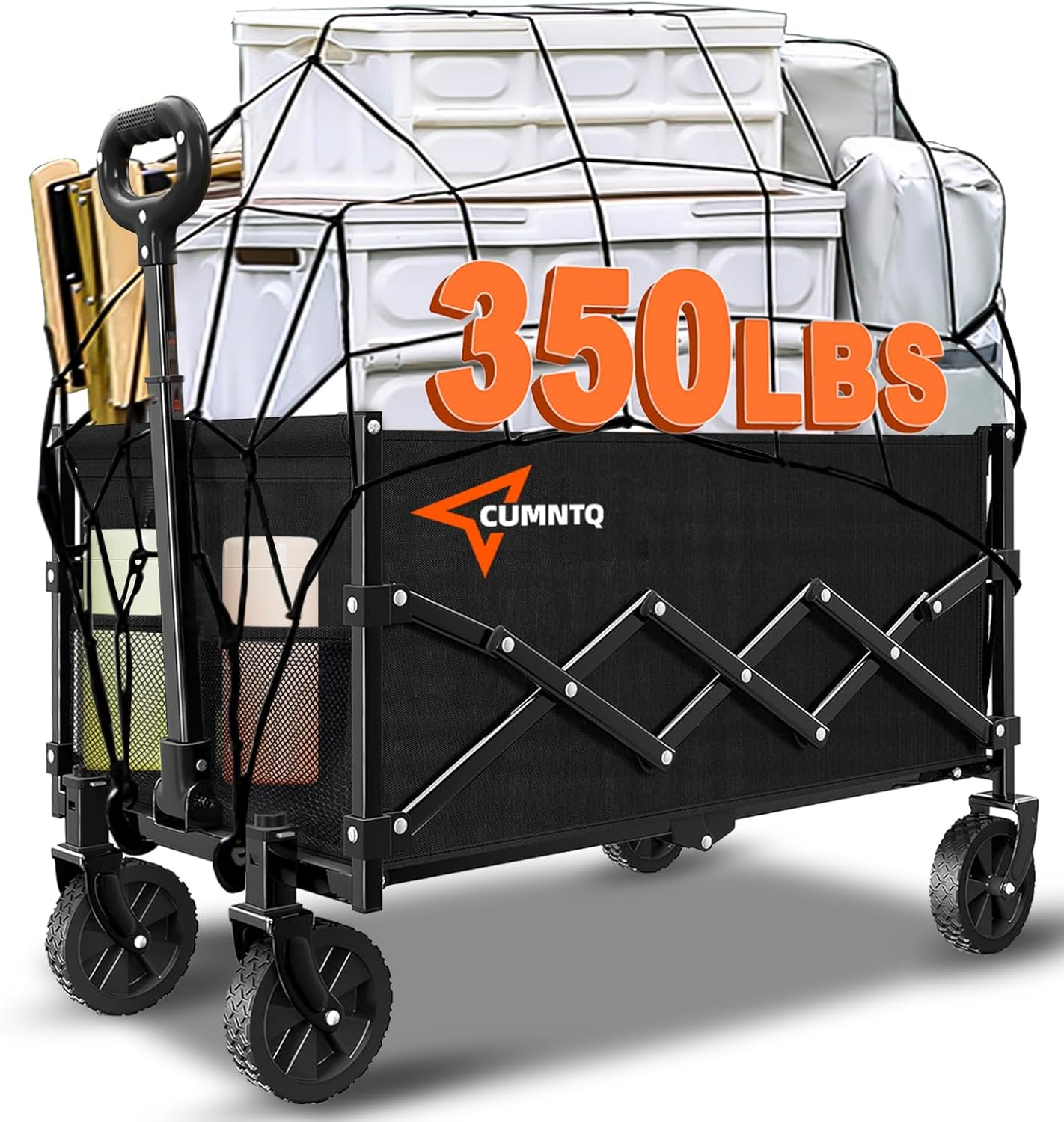 Collapsible Folding Wagon, 350lb Weight Capacity Collapsible Wagon with All-Terrain Wheels, Cup Holders and Adjustable Handle Utility Wagon, for Grocery Camping Garden Sports Shopping, Black