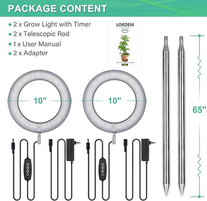 LORDEM 10" Full Spectrum Plant Light, 160 LEDs Large Grow Light for Indoor Tall Plants, Growing Lamp with 4/8/12H Auto Timer, 10 Dimmable Levels, 3 Spectrum Modes, 65" Height Adjustable, Pack of 2