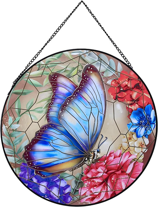 Butterfly Hanging Stained Glass for Windows,20cm/7.87inch Hand-Painted Sun Catcher Garden Hangings