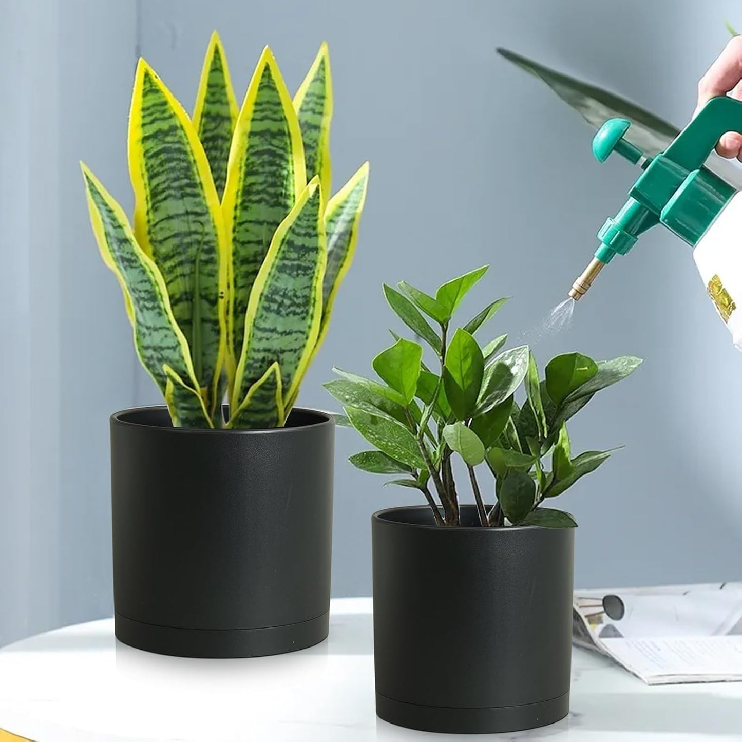 10/8/6 inch Large Deep Plant Pots for Outdoor Indoor Plants, 3 Pack Tall Cylinder Flower Pots with Drainage Holes and Saucers, Big Plastic Planter Pots for Garden House Porch, Black