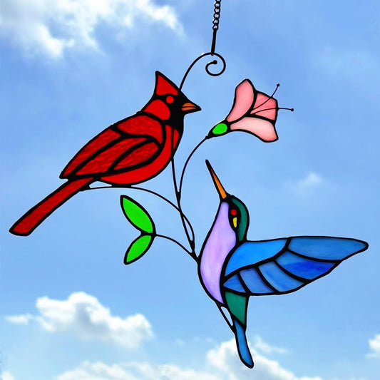 Stained Glass Red Cardinal with Hummingbird Suncatcher Window Hanging Ornament, Stain Glass Birds