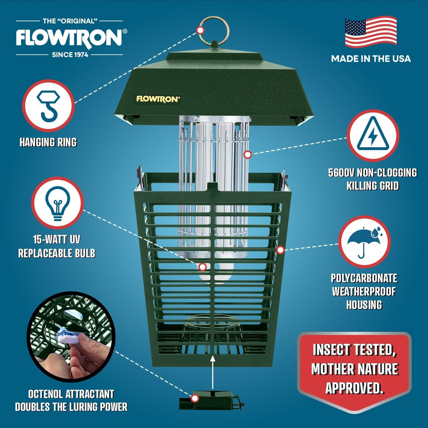 Flowtron Electric Bug Zapper 1/2 Acre Outdoor Insect Control with Dual Lure Method, 15W UV Light & Octenol Attractant for Fly & Mosquito, 5600V Kill Grid, Made in USA, UL Certified - Green Color